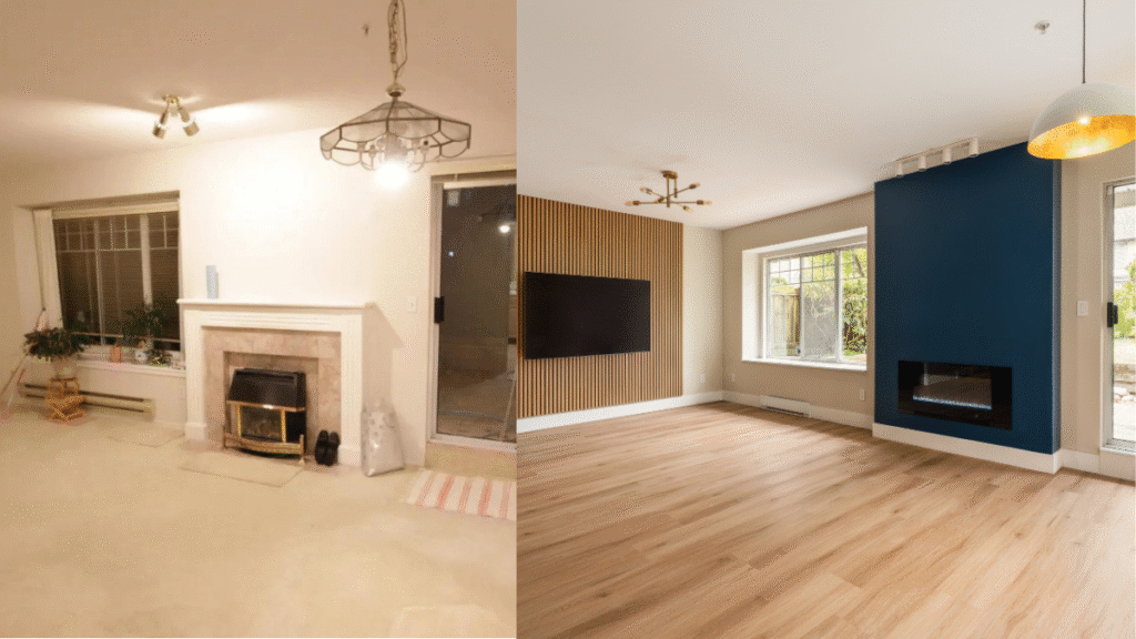 before and after photos of a living room and fireplace renovation by iForest