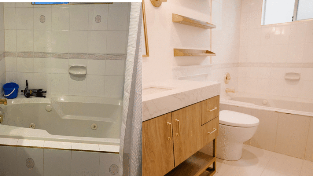 Before and after photos of a basement bathroom designed by iForest